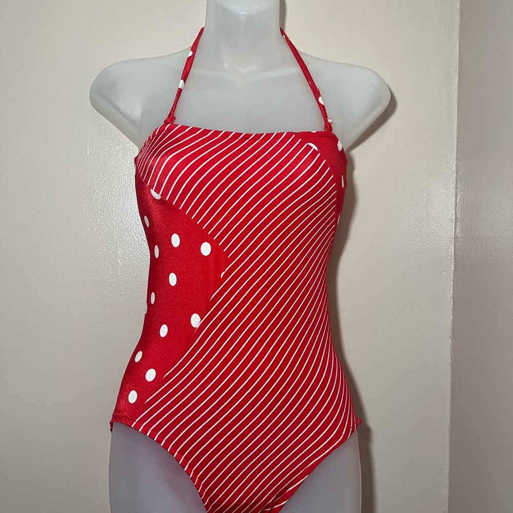 Red Striped and Polka Dot One Piece Swimsuit